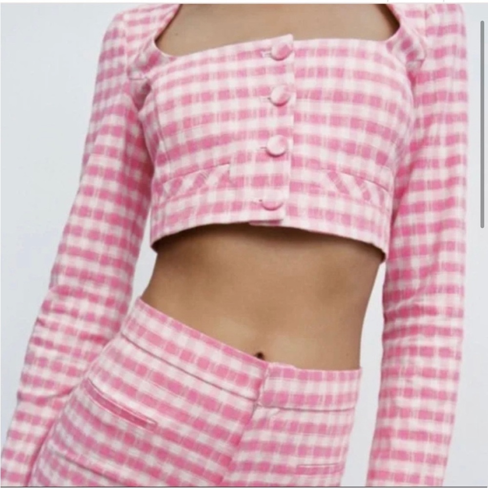 Zara Plaid Pink Crop Jacket Top NWT
